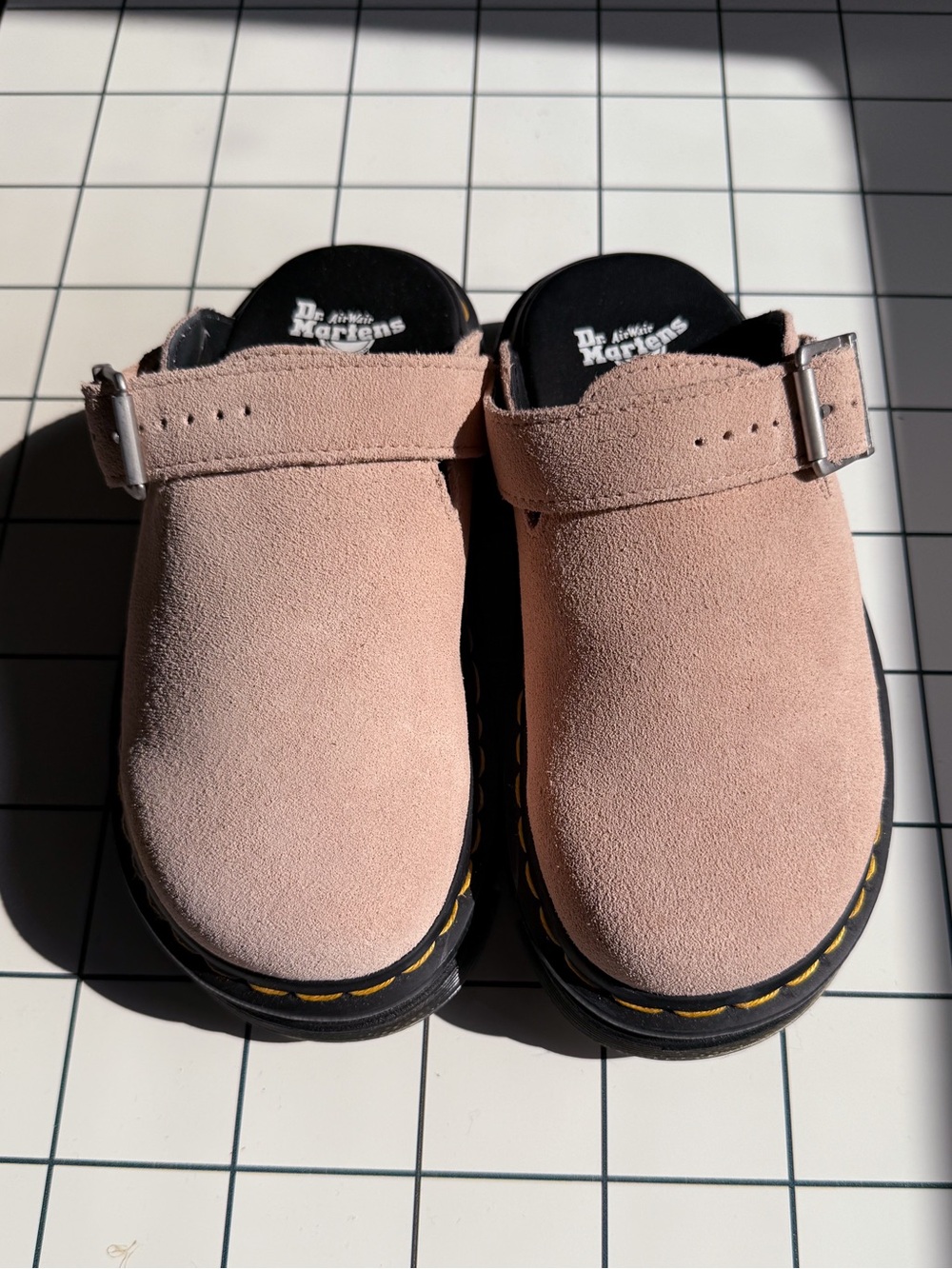 Dr. Martens Suede Mule Clogs in powdered pink